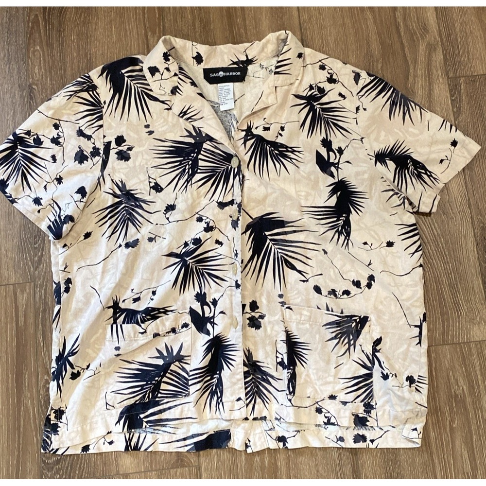 Vtg Sag Harbor Ladies LG. Tropical Hawaiian Top 100% Silk Beige Black Button-up